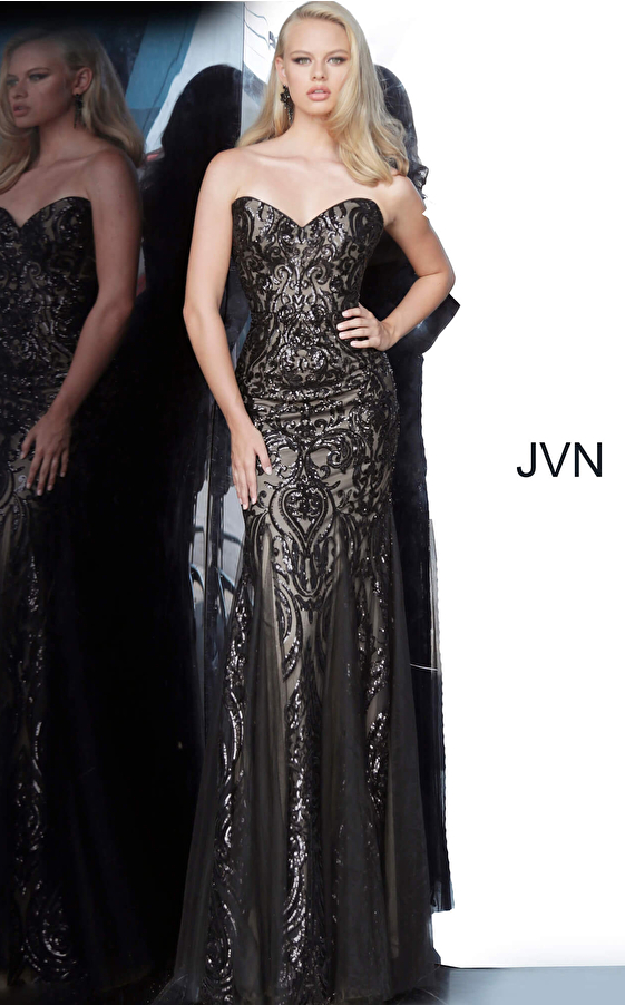 JVN00954 Black Strapless Fitted Embellished Prom Dress